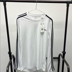 adidas White Long-Sleeve Crew with Black Three-Stripes